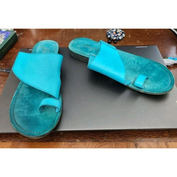 Free People Sandals Size 38 / US Sz 7.5 Blue Leather Toe Loop San Antoni Slide - Picture 1 of 9